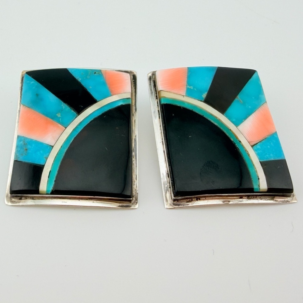 Vintage Sterling Silver Native American Inlay Sunburst Earrings 20grams